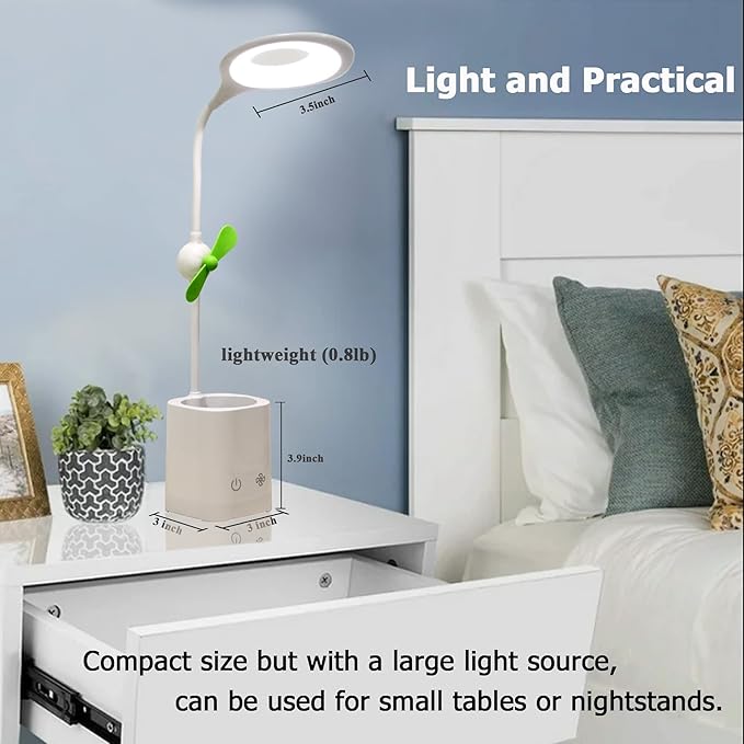 Led Desk Lamps, Small Cute Desk Lamp with 3 Lighting Modes, Modern Desk Ring Night Light with Pen Holder and Green Mini Fan for Home Office Bedroom
