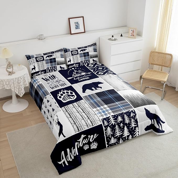 Manfei Deer Bear Kids Comforter Set Twin Size,Wolf Hunting Adventure Rustic Bedding Set for Boys Girls Adults Room Decor,Geometric Plaids Patchwork Down Comforter,Blue Xmas Duvet Insert,1 Pillowcase
