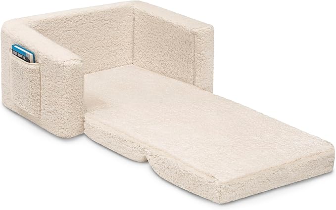 Delta Children Cozee Flip-Out Sherpa 2-in-1 Convertible Chair to Lounger for Kids, Cream