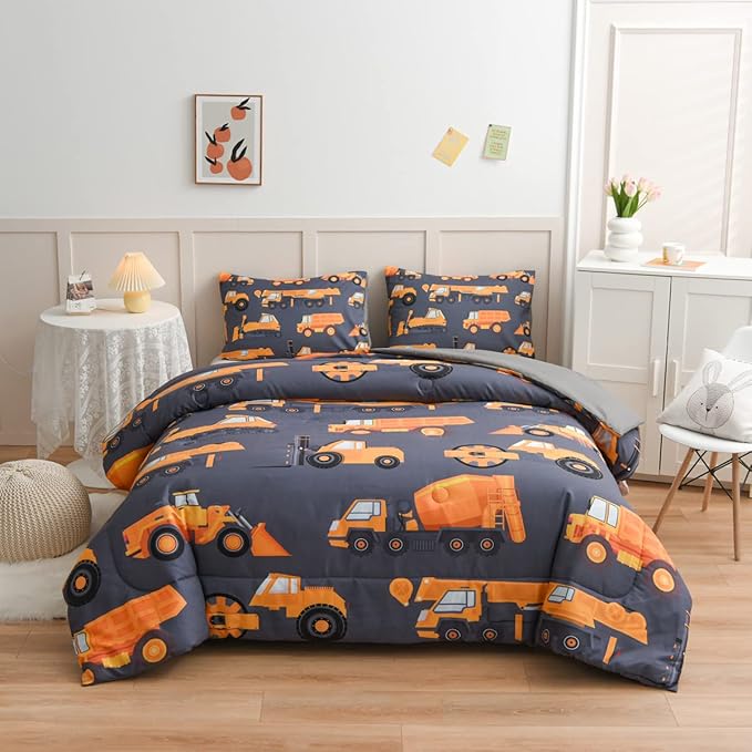 NTBED 5 Pieces Construction Truck Comforter Set for Boys Kids Vehicles Excavator Cars Lightweight Microfiber Bedding Sets (Grey, Twin)