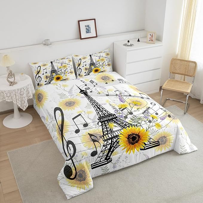 Feelyou Eiffel Tower Kids Comforter Set Cute Sunflower Bed Sheet Set for Boys Children Teens Bedroom Decor Paris Tower Bedding Set Set Floral Music Themed Bed Cover Queen Size with 3 Pillow Case