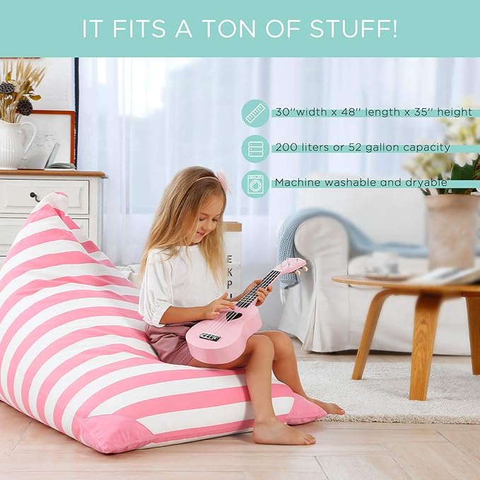 Aubliss Stuffed Animal Storage Bean Bag Chairs Cover, 50"x 35" Extra Large Bean Bags Chair for Kids & Adults, Beanbag Toy Storage for Boys Girls - Premium Cotton Canvas Pink Stripe