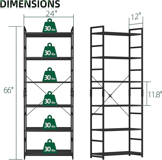 OTK 6 Tier Adjustable Bookshelf, Tall Bookcase, Office Shelf Storage Organizer, Modern Book Shelf for Living Room, Bedroom, and Home Office, Black