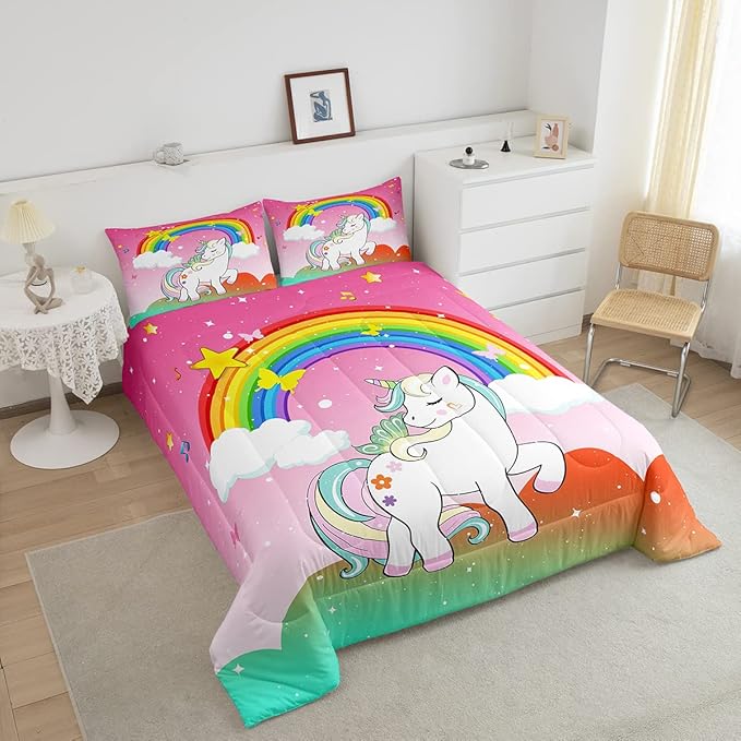 Kids Unicorn Bedding Sets King Girls Stars Glittery Comforter Cute Unicorn Quilt Kawaii Cartoon Unicorn Animal Comforter Inner Fill White Unicorn Reversible Bedding Sets & Collections,Orange Green