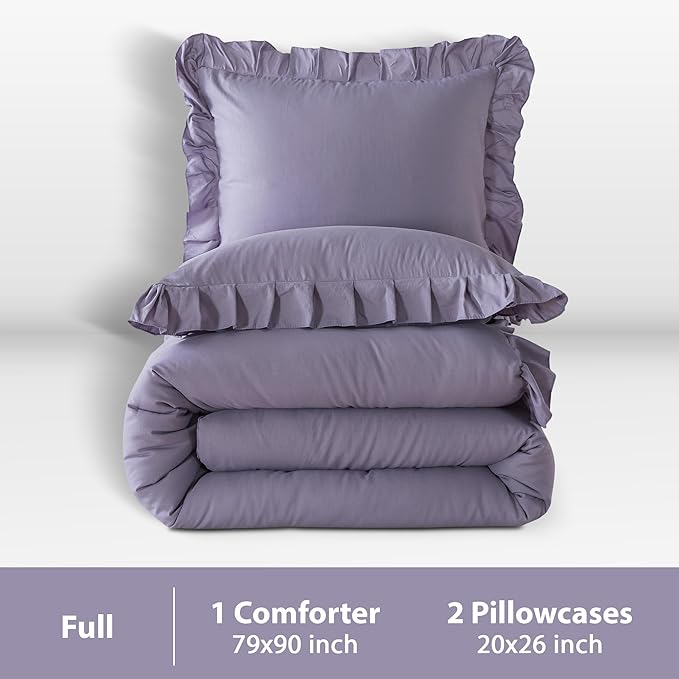 Andency Greyish Lavender Purple Full Size Comforter Set, 3 Pieces(1 Ruffle Comforter and 2 Pillowcases) Lightweight Fluffy Bedding Comforter Sets Full Bed, All Season Soft Microfiber Bedding Set