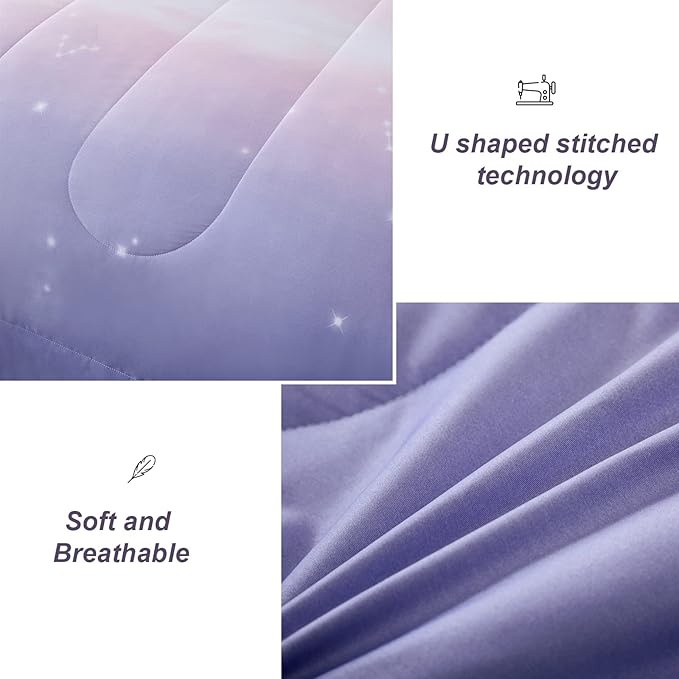 Girls Comforter Set Full Size Colorful Ombre Pink Purple Rainbow Bedding Set Bed in A Bag for Kid Teen Girls 7 Pieces (1 Comforter, 1 Flat Sheet, 1 Fitted Sheet, 2 Pillow shams, 2 Pillowcases)