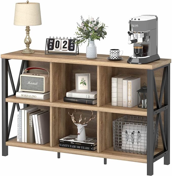 FATORRI 6 Cube Storage Organizer with Shelf, Long Wood and Metal Cubby Bookcase, Industrial Horizontal Bookshelf (Rustic Oak, 47 Inch)