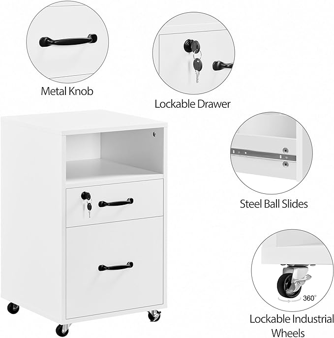 Yaheetech File Cabinet Vertical File Cabinets Mobile Letter Size File Storage Organizer Small Filing Cabinet Printer Stand for Home and Office White