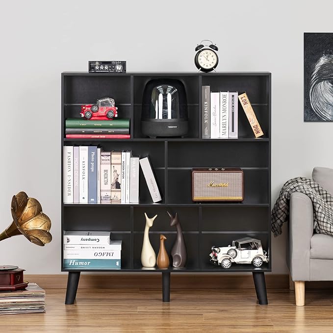 YAHARBO 8 Cube Bookshelf,3 Tier Bookcase with Legs,Black Mid-Century Modern Bookshelves,Large Free Standing Open Storage Organizer Shelf,Tall Wooden Book Case Furniture for Bedroom,Living Room,Office