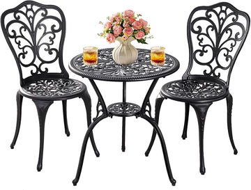 Patio Bistro Set 3 Piece Outdoor,Cast Aluminum Outdoor Bistro Table and Chair Set of 2 with 1.97" Umbrella Hole,All Weather Metal Bistro Table Set for Front Porch Set(Butterfly Black)