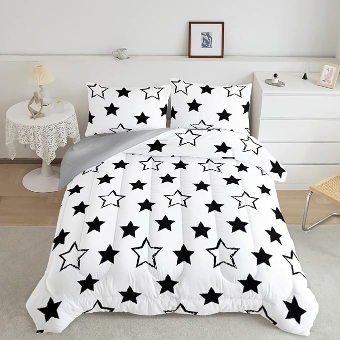 Axolotl Kids Full Bedding Comforter Set,3Pcs Super Cute Soft Black and White Stars Quilt Set Bed in A Bag with 1 Comforter 2 Pillowcases for Kids Boys Girls Teens Adults Room Decor All Season