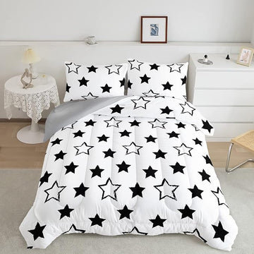 Axolotl Kids Queen Bedding Comforter Set,3Pcs Super Cute Soft Black and White Stars Quilt Set Bed in A Bag with 1 Comforter 2 Pillowcases for Kids Boys Girls Teens Adults Room Decor All Season