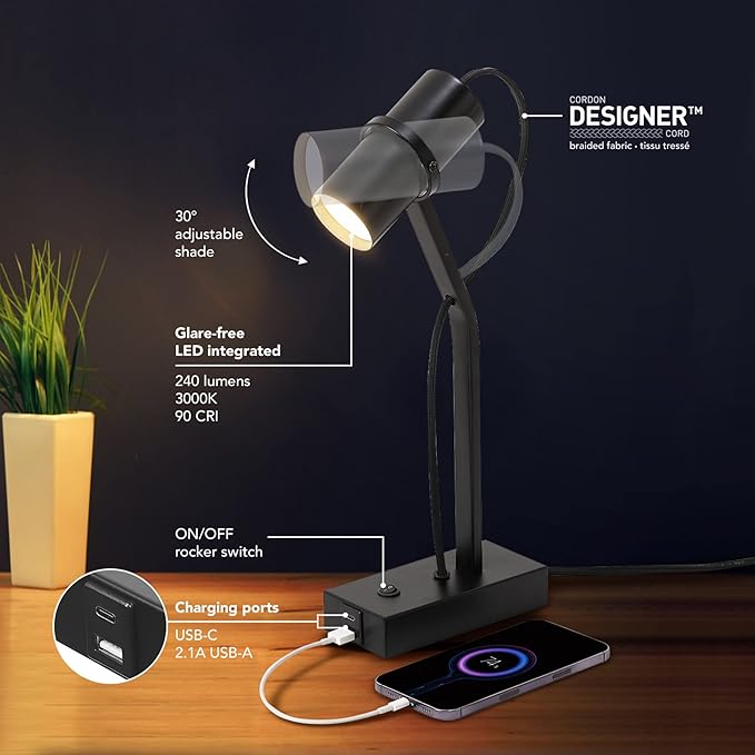 Globe Electric MRDK by Globe Series.01.TL 16" LED Desk Lamp, 2.1A Combined USB Port and USB-C Port, 5 Watts, 240 Lumens, 3000 Kelvin Warm White, Adjustable Shade, Matte Black