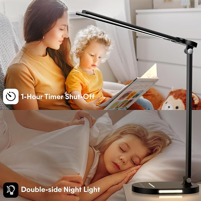 Desk Lamps for Home Office, Eye-Care LED Desk Lamp with USB Charging Port, Touch Control Table Lamp with Night Light Mode, 60 min Timer Desktop Lamp for College Dorm Room Bedroom