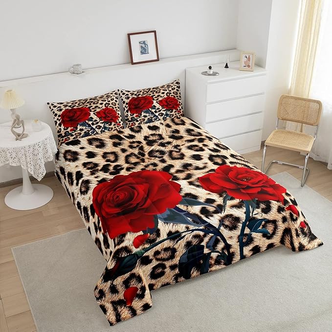 Rose Flower Comforter Set for Teens Adult Women Wedding Gift, Leopard Print Bedding Set Twin Size, Valentine's Day Cheetah Duvet Sets Leopard Animal Skin Down Comforter for Bedroom Decor, Brown