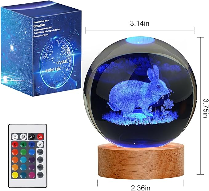 Easter Bunny Lamp Things for Teen Girls, Large 3D Bunny Night Light, Crystal Rabbit Lamp 16 Color Changing with Remote Control for Bedroom Decor, Night Light Bunny with Flowers