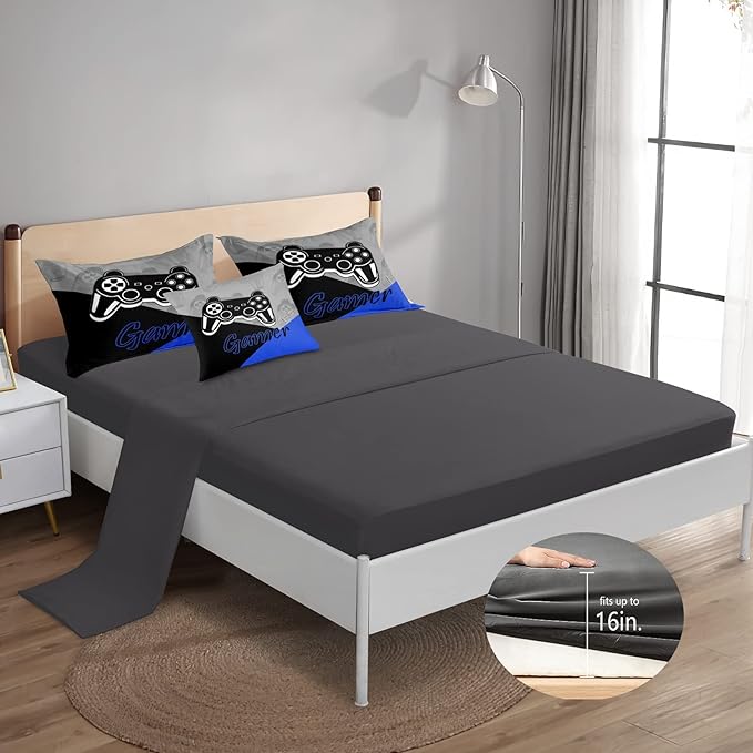6 Pieces Bed in A Bag Gamer Bedding Set for Boys Kids Adult Gaming Comforters Set,Boys Bed in A Bag Set Full Size Comforter with Fitted Shee Flat Sheet Pillowcase pillowsham,DJT5002Queen