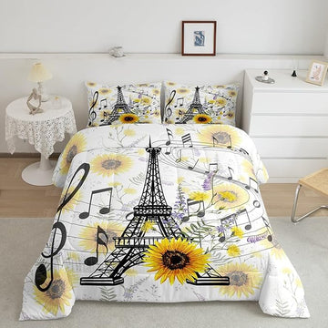 Feelyou Eiffel Tower Kids Comforter Set Cute Sunflower Bed Sheet Set for Boys Children Teens Bedroom Decor Paris Tower Bedding Set Set Floral Music Themed Bed Cover Queen Size with 3 Pillow Case