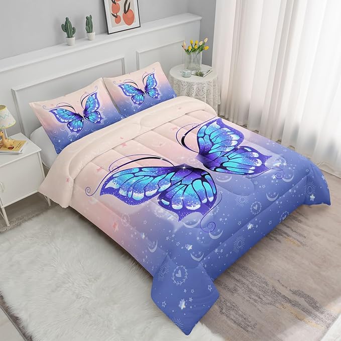 Datura home Bedding Comforter Set Pink Purple Butterfly Printed Pattern Quilt with 1 and 2 Pillowcases for Girls Bedroom All Season(Butterfly Queen) Queen 90x90inches