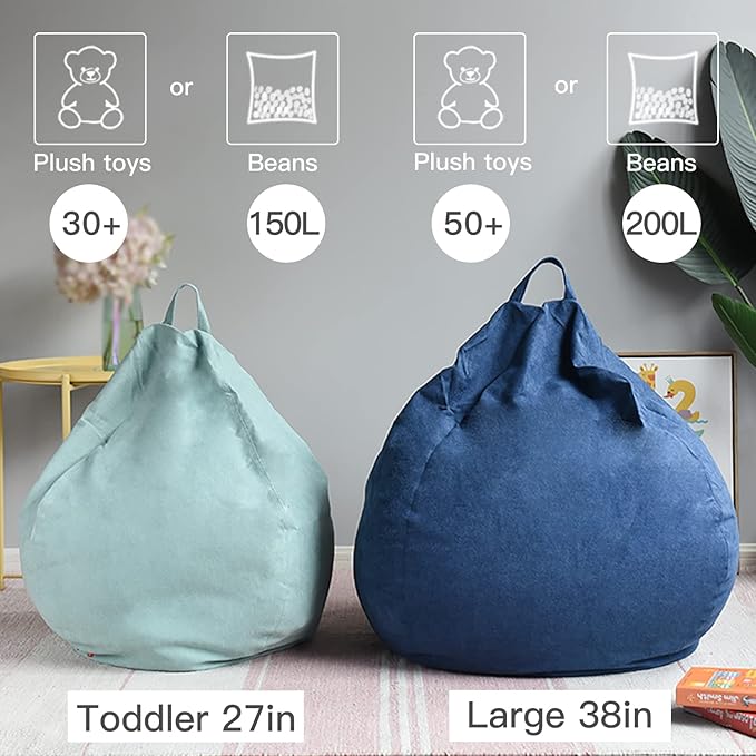 YuppieLife Stuffed Animals Bean Bag Chair Cover Candy-Colored Bean Bag(Just Cover, No Filling)/Large Stuff 'n Sit Organization/Toy Storage Bag/Kids Toys Organizer（27'',Navy blue