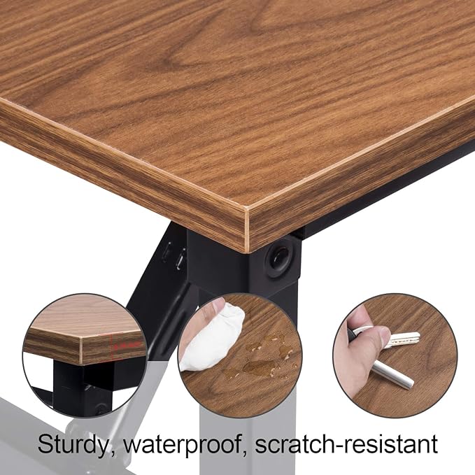 Frylr Folding Computer Desk with Plugs & USB Ports, Home Office Desks Foldable 43.3x19.6x29.5 Inch Study Table for Student Writing Desk for PC/Laptop, No Installation, Walnut + Black Leg