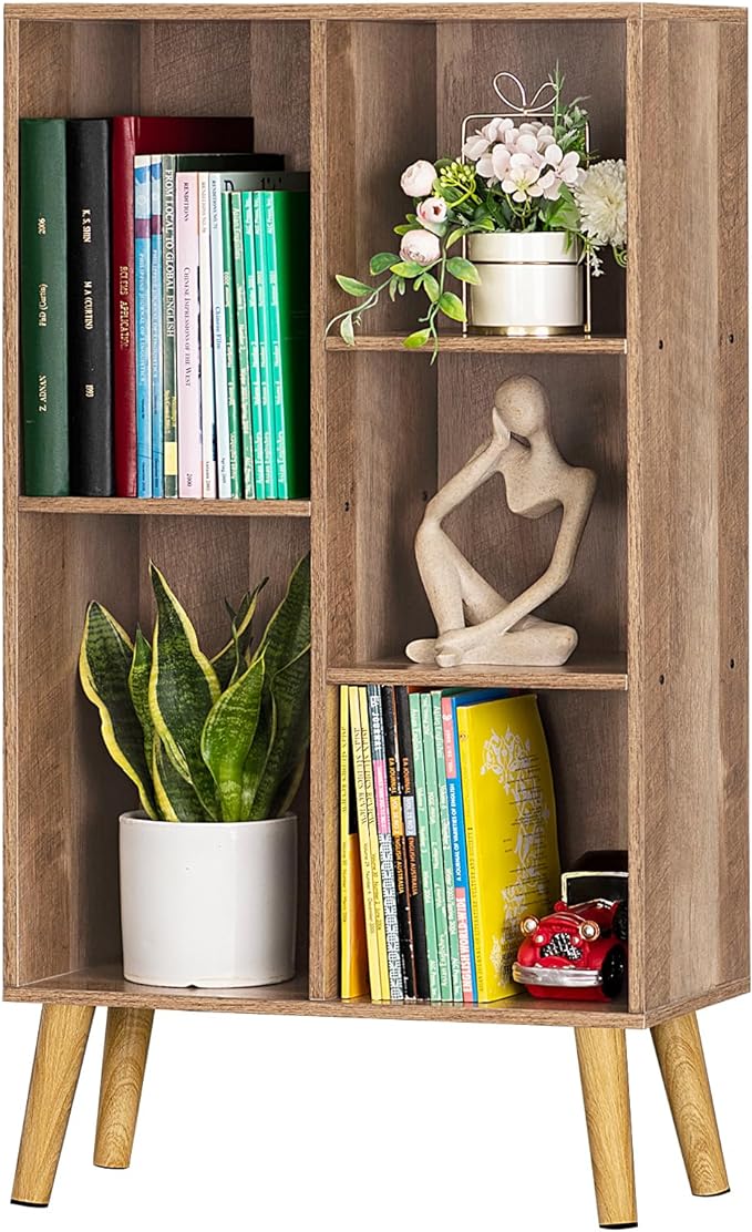 5 Cube Small Bookshelf,3 Tier Mid-Century Modern Bookcase with Legs,Wood Kids Bookshelves Storage Organizer Shelf,Free Standing Narrow Book Shelves,Oak Grey Corner Bookcases for Bedroom,Living Room