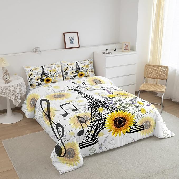 Feelyou Eiffel Tower Kids Comforter Set Cute Sunflower Bed Sheet Set for Boys Children Teens Bedroom Decor Paris Tower Bedding Set Set Floral Music Themed Bed Cover Twin Size with 1 Pillow Case