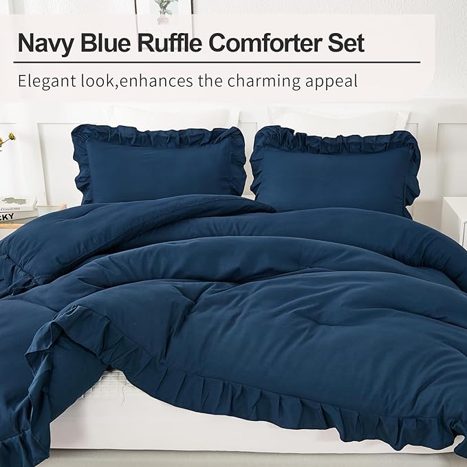 Andency Navy Blue Comforter Set King Size, 3 Pieces Boho Lightweight All Season Solid Bedding Comforters & Sets, Double Women Men Shabby Chic Bed Set(104x90In Comforter & 2 Pillowcases)