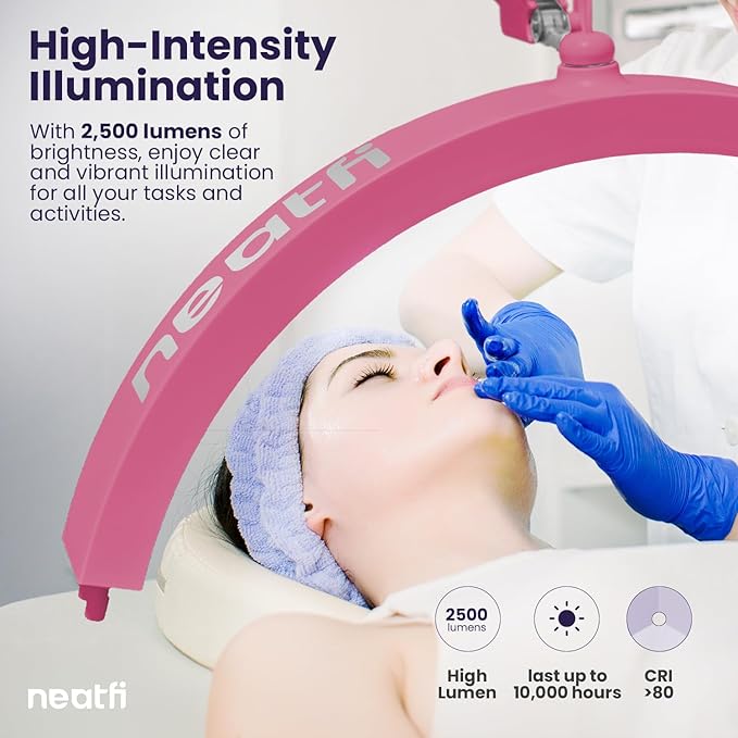 Neatfi Half Moon LED Table Lamp for Estheticians, Nail Tech, and Cosmetician for Nail Art, Facial, Waxing, Threading and Tattoo (with Clamp, Pink)