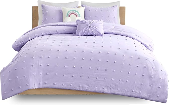 Callie Cotton Jacquard Weave Colorful Pom Pom Kids Comforter sets, Down Alternative Shabby Chic All Season Girls Bedding, Bedroom Decor, Twin/Twin XL, Lavender 4 Piece
