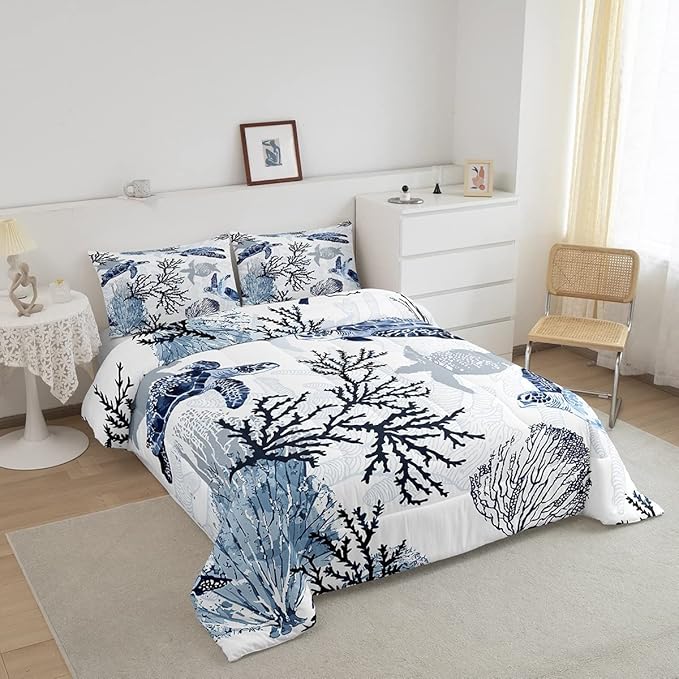 Turtle Comforter Set Queen,White Blue Hawaiian Turtle Bedding for Kids,Reptile Tortoise Quilt Duvet Set Coastal Beach Theme Comforter Retro Sea Turtle Bed Set for Boys Girls Bedroom Decor(Marine life)