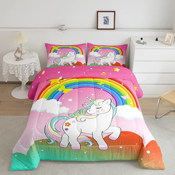 Kids Unicorn Bedding Sets King Girls Stars Glittery Comforter Cute Unicorn Quilt Kawaii Cartoon Unicorn Animal Comforter Inner Fill White Unicorn Reversible Bedding Sets & Collections,Orange Green