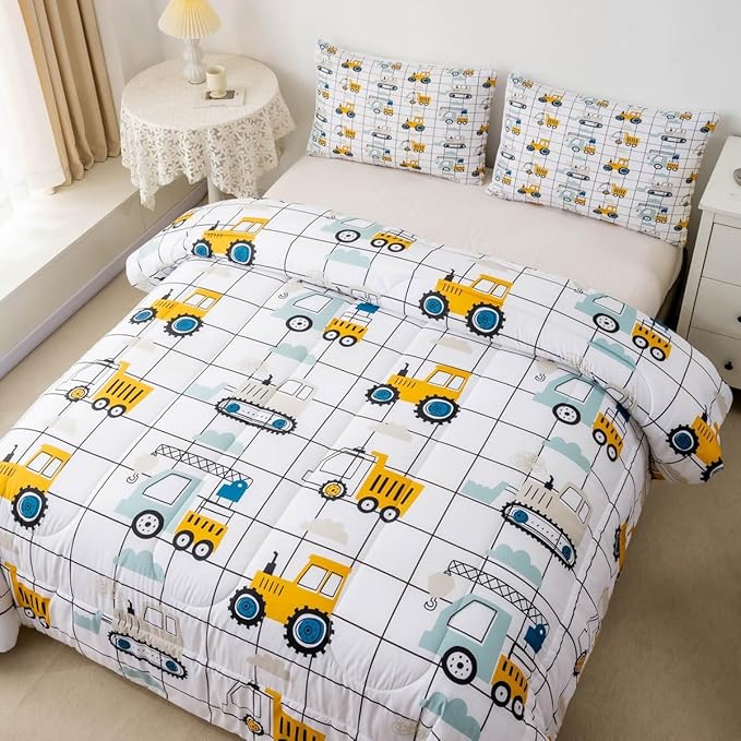 Feelyou Construction Truck Comforter Set Queen Size Kids Machinery Truck Excavators Vehicles Comforter for Boys Teens Cartoon Tractor Bedding Set Excavator Tractor Plaid Grid White Duvet Set Quilt Set