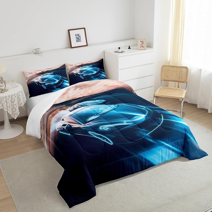 Erosebridal Boys Twin Bedding Sets Race Car Room Decor, Cool Speed Racing Car Comforter Easter Gifts for Teens Youth Extreme Sports Automobile Pattern bedding comforter sets with 1 pillow case