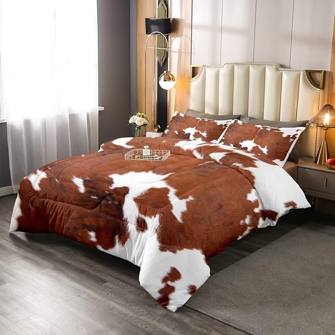 Erosebridal Cow Print Bedding Set Twin, Brown White Cowhide Comforter Set, Farmhouse Animal Hair Bedding Set for Kids Teens Adult Milk Western Cowboy Rustic Duvet Set Home Room Decor