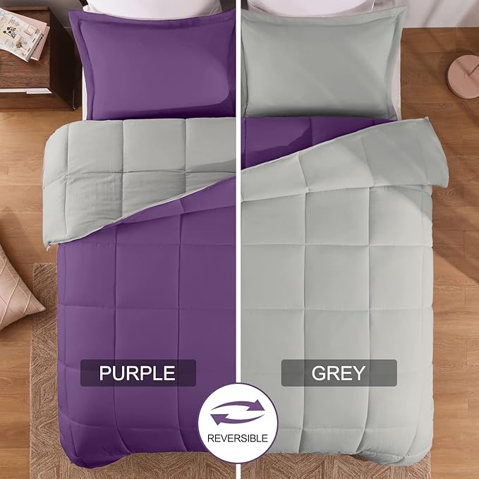 Basic Beyond King Size Comforter Set - Fluffy King Bed Comforter Set for All Seasons - Reversible Purple King Size Comforter Set - 3 Pieces (1 Comforter + 2 Pillow Shams) - Purple/Grey