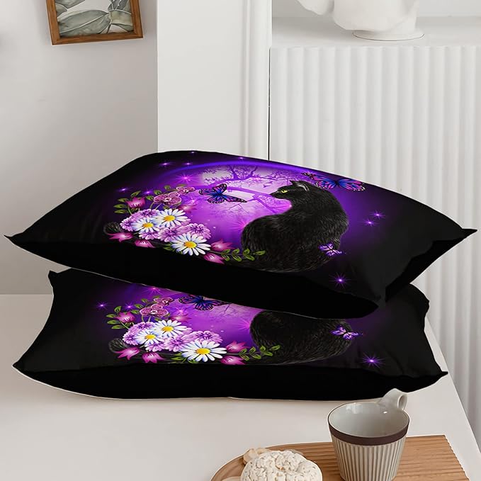 Black Cat Bedding Cartoon Cat Comforter Set Full,Daisy Butterflies Printed Kids Bedding Set for Kids Boys Girls Adults Room Decor,Kids Comforter Set All Season,1 Quilt 2 Pillow Cases,Purple