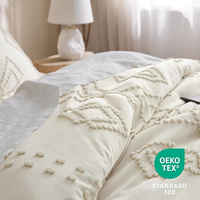 Bedsure Boho Comforter Set Full - Mineral Blue Tufted Bedding Comforter Set, 3 Pieces Farmhouse Shabby Chic Embroidery Bedding Set, Soft Geometric Pattern Comforter for All Seasons