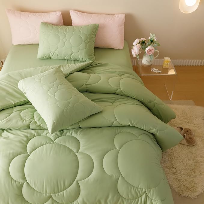 Sage Flower Comforter Twin Green Sunflower Print Bed Twin Comforter Set 3 Pieces Sage Floral Comforter Set for Boys Girls Teens Bedroom Decor All Season Hotel Quality Comforter Set