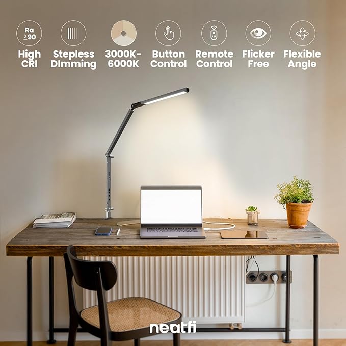 Neatfi LED Desk Lamp with Clamp, Touch & Remote Controlled, Stepless Dimming, 3 Color Modes, 3000-6000K, Detachable Shade, Flicker-Free, 360° Rotation, Wide Angle Lighting (Modern, Silver)