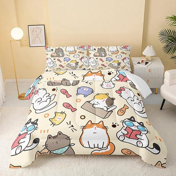 Kawaii Cat Comforter Queen,Kawaii Animals Comforter Set for Kids Teens Girls,3Pcs Bedding Set Printed Comforter with 2 Pillowcases,Down Alternative,Soft and Lightweight，Queen Size