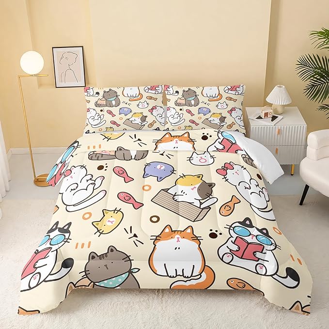 Kawaii Cat Comforter Queen,Kawaii Animals Comforter Set for Kids Teens Girls,3Pcs Bedding Set Printed Comforter with 2 Pillowcases,Down Alternative,Soft and Lightweight，Queen Size