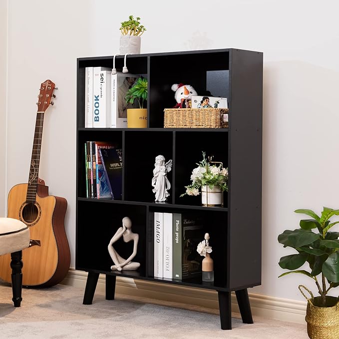 YAHARBO Black Bookshelf,3 Tier Modern Bookcase with Legs,Bookshelves Wood Storage Shelf, Open Book Shelves Cube Organizer,Freestanding Short Bookcases