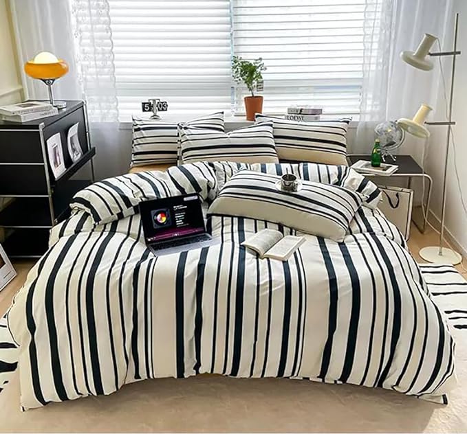 Striped Comforter Set King Black and White Comforter Men Women Modern Chic Stripes Bed Comforters Beige Black Striped King Ticking Bedding Comforter Set All Season Hotel Quality Bed Set