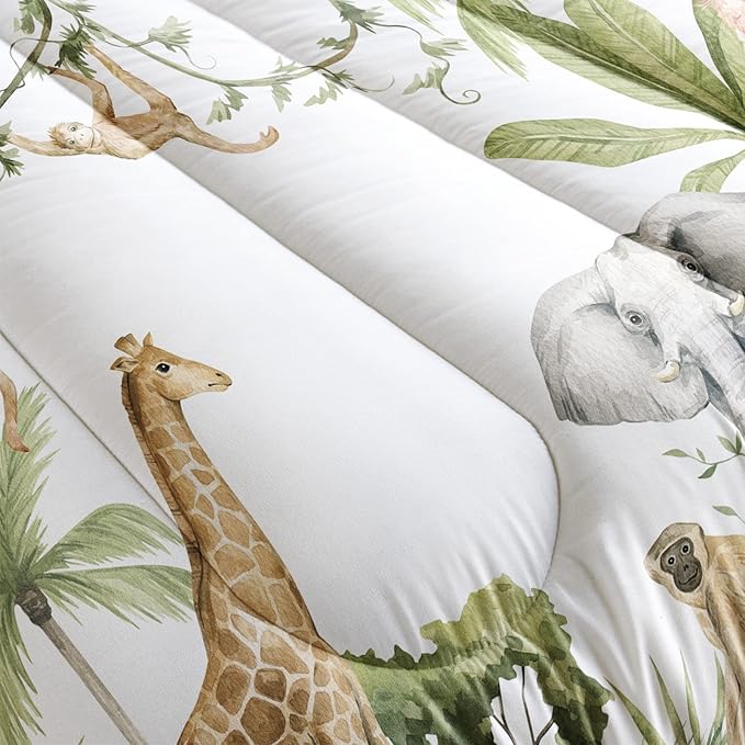 Elephant Giraffe Monkeys Comforter Queen Size,Wild Animals Kids Comforter Set,3Pcs Bedding Set Printed Comforter with 2 Pillowcases,Down Alternative,Soft and Lightweight,for All Seasons