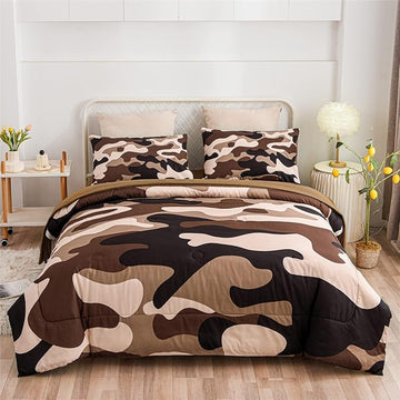 Meeting Story Camouflage Bedding Set, Colorful Pattern Style Comforter Set, 5 PCS One Comforter Two Pillowcases Two Sheets in One Bag, All Season Bedspread for Teens Adults (Coffee, Twin 5Pcs)