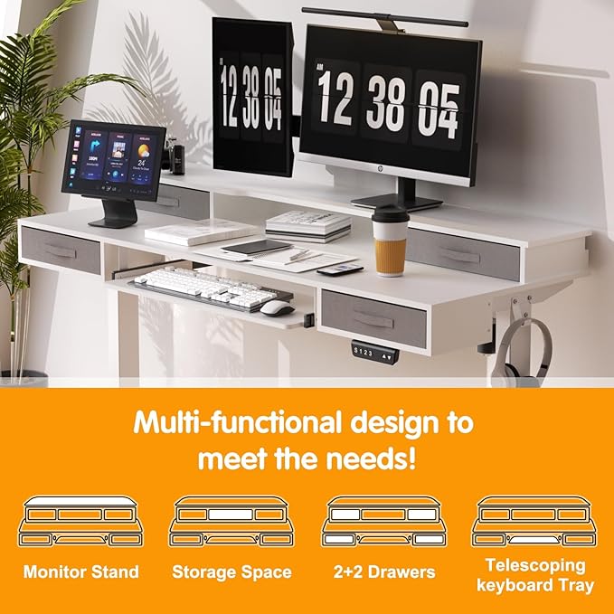 Electric Standing Desk, Multifunctional Standing Desk Adjustable Height, 63 * 24 Standing Desk with 4 Drawers, Ergonomic Adjustable Standing Desk with Keyboard Tray, Snow White