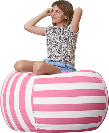 Aubliss Stuffed Animal Bean Bag Storage Chair, Beanbag Covers Only for Organizing Plush Toys, Turns into Bean Bag Seat for Kids When Filled, Large 38"-Canvas Stripes Pink/White