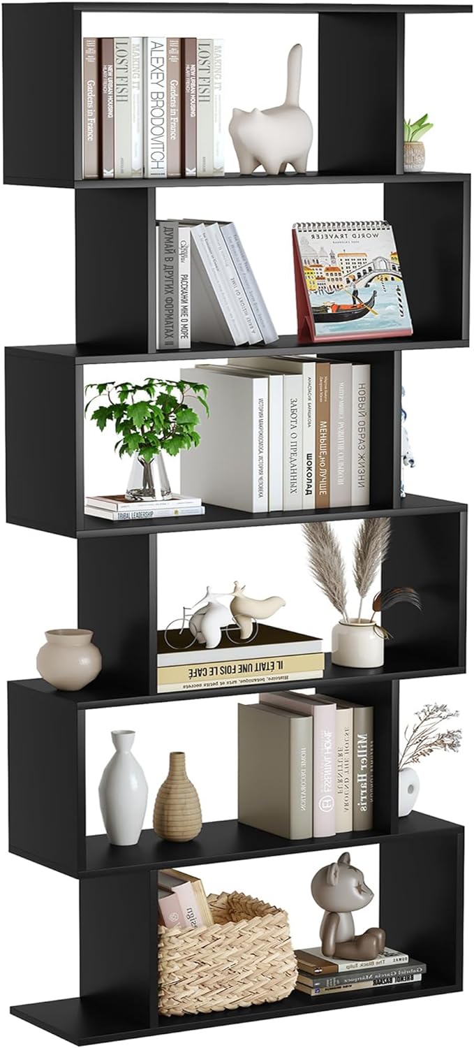 Yusong Bookshelf 6-Tier, Geometric Bookcase S Shaped Book Shelves for Bedroom, Modern Wood Decorative Display Shelf Tall Book Case for Home Office, Black