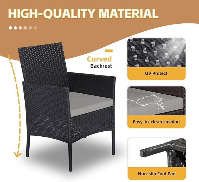 Patio Furniture Set 3 Pieces All-Weather Rattan Outdoor Furniture Patio Chairs with Tempered Glass Table for Porch Bistro Balcony Bistro Set(Black/Grey-2)